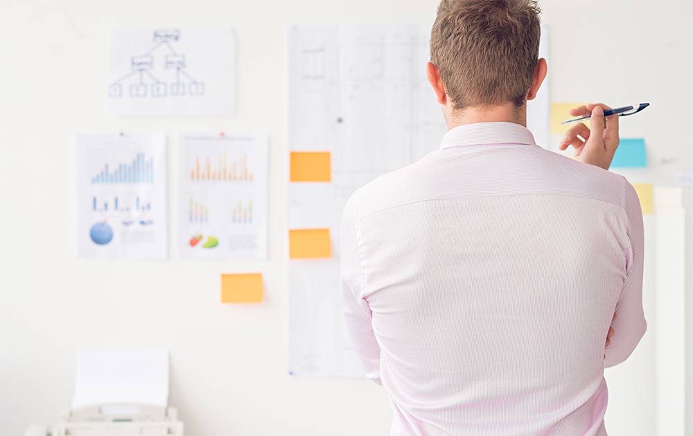 A diagram on a glass whiteboard showing how a first-time executive assistant user is supported by a full system, including an Account Manager and Quality Manager.